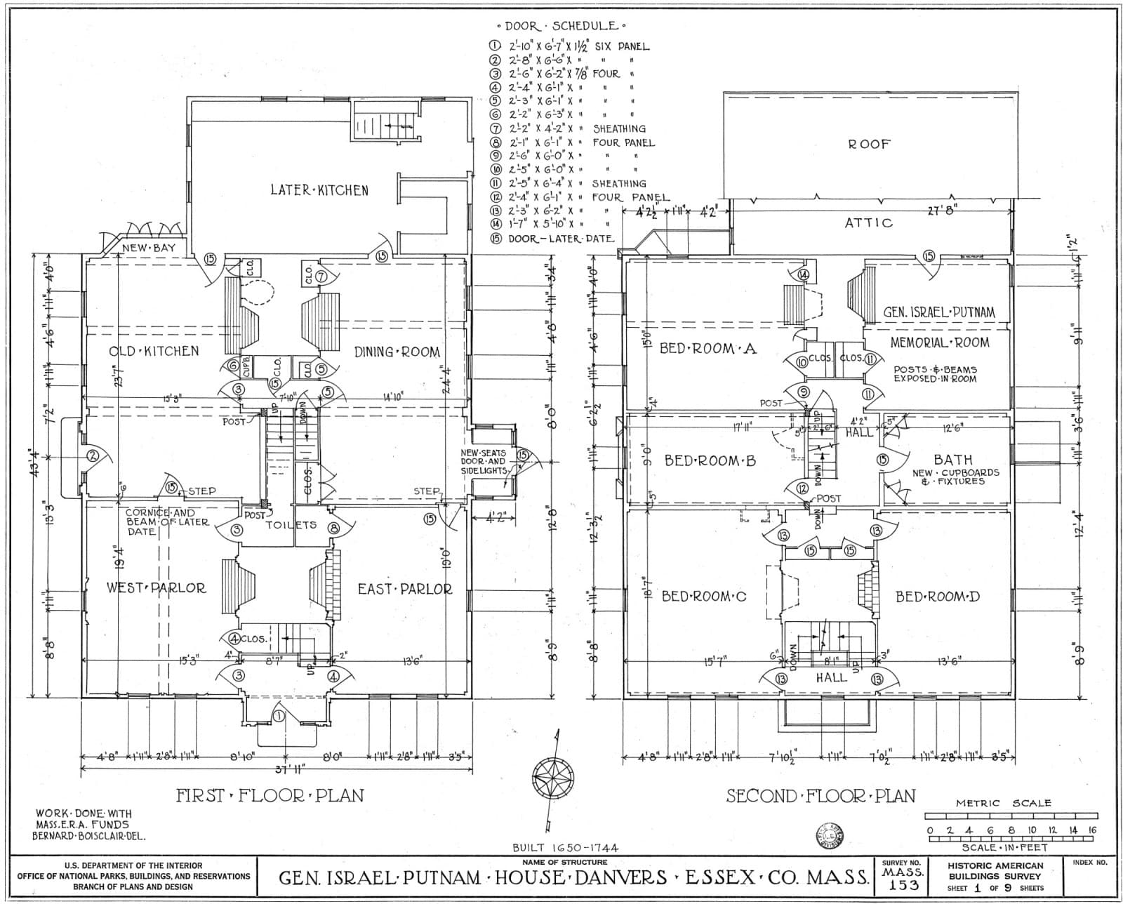 A scanned 1930s architectural survey drawing of the Putnam House, first and second floor plans